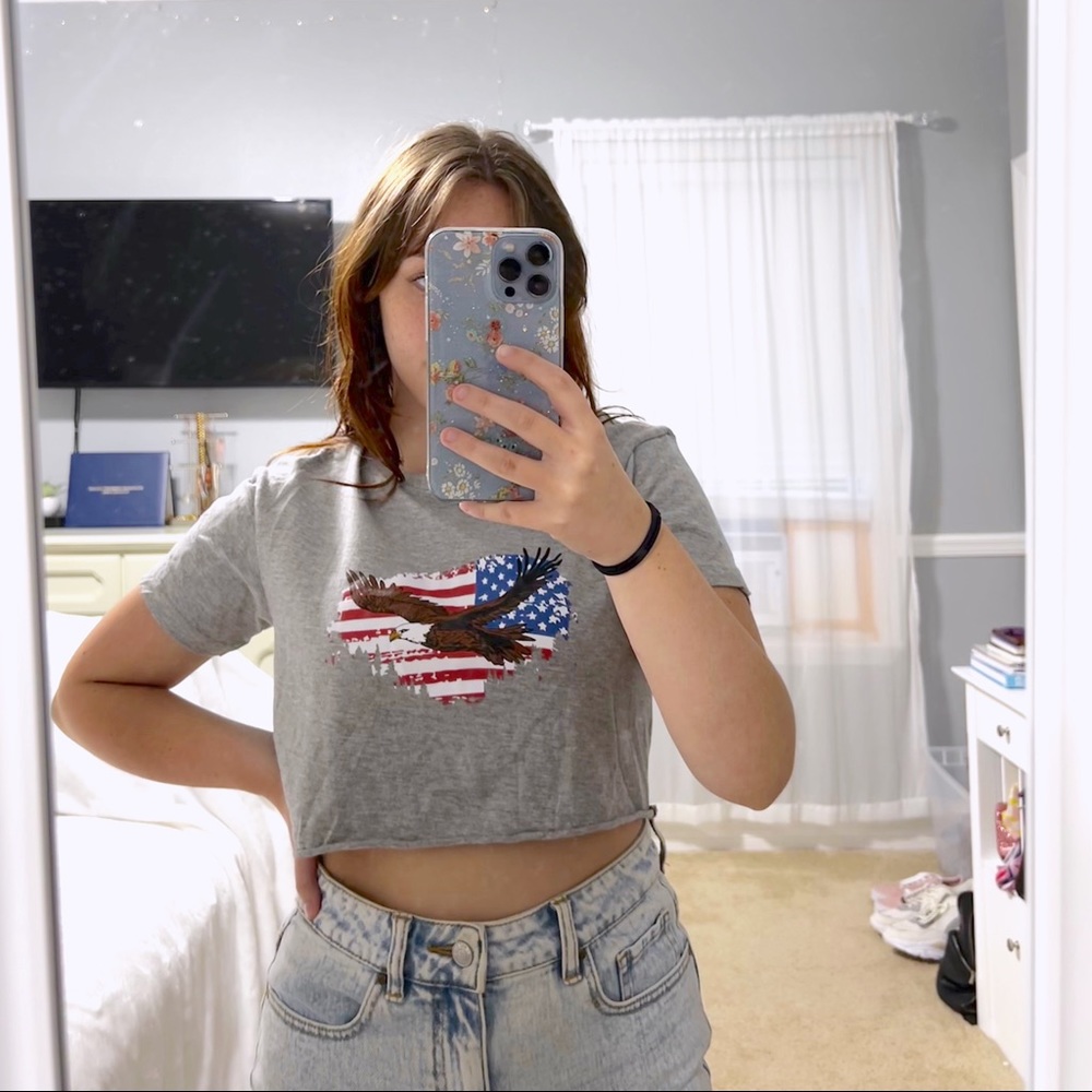 grey crop top with eagle design